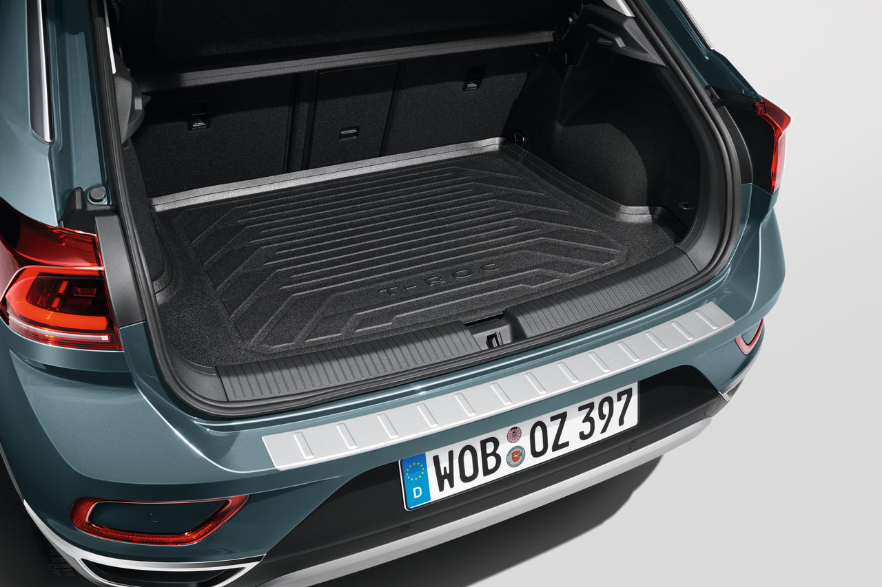 Design Kofferraumwanne passend für Volkswagen T-ROC ab BJ. 12.2017> für  fixen Ladeboden oder variablen Ladeboden in unterer Position, ohne Notrad  Kofferraummatte passgenau mit erhöhtem Rand